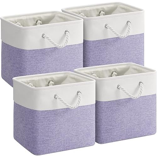 12 x 12 Inch Cube Storage Bins,4 Pack Fabric Storage Basket with Handles,Foldable Boxes Organizer for Shelf Baskets for Home,Clothes,Toys (White/Purple)