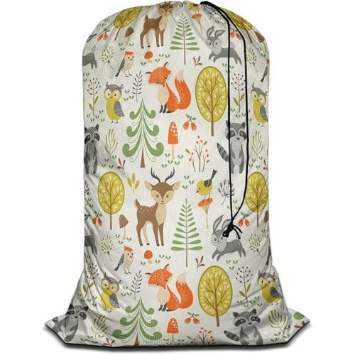 Swono Woodland Animals Laundry Bag with Strap Machine Washable Large Dirty Clothes Organizer Trees Mushrooms Berries Rabbit Owl Easy Fit Laundry Hamper or Basket, Carry Up to 4 Loads of Laundry