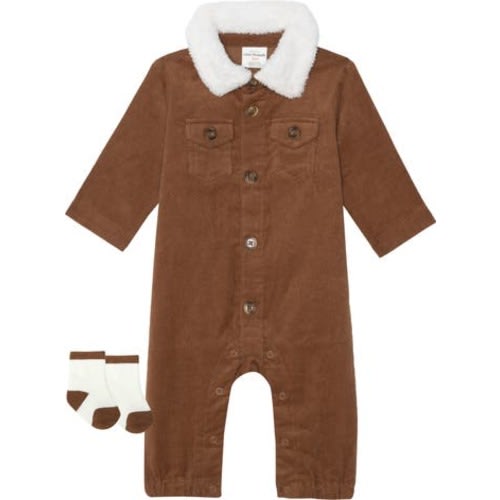 2-Piece Fleece Collar Corduroy Romper Set