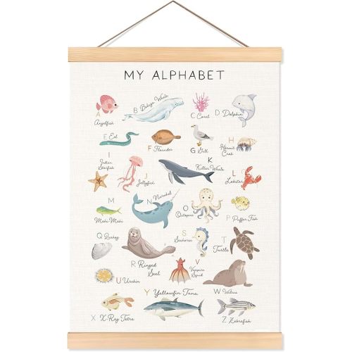ROXMART Ocean Alphabet Nursery Educational Poster Hanger Frame, Coastal Beach Wall Decor, Marine Biology Animal Alphabet Wall Art Prints Decor for Toddler Room Playroom Classroom, 12x16 Inch