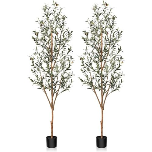 Kazeila Artificial Olive Tree 6FT Tall Faux Silk Plant for Home Office Decor Indoor Fake Potted Tree with Natural Wood Trunk and Lifelike Fruits, 2 Pack