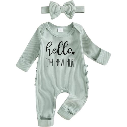 FIOMVA Im New Here Newborn Outfit Girl Long Sleeve Letter Romper Ribbed Knit Jumpsuit Baby Girl Preemie Coming Home Outfit