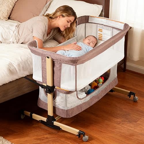 Baby Bassinet Bedside Sleeper, 3-in-1 Bedside Bassinet, 5 Height Adjustable Rocking Bassinet, Breathable Full Mesh, Mosquito Net, Storage Basket, Stable and Secure Bassinets for Newborn (Khaki)