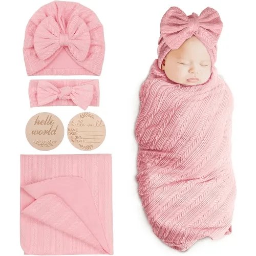 BQUBO Baby Swaddle Blankets for Girls, 4PCS Newborn Accessories Set with Hat and Bow Headband with Hello World Wooden Birth Announcement Card, Baby Blankets for Girls (Pink)