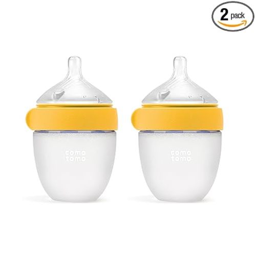 Comotomo Silicone Baby Bottle Gen 2 – 2026 Release (5oz) – True Slow-Flow Nipple for Newborn Feeding (0-3 Months) with Dual Anti Colic Vents for Breast to Bottle Transition, Yellow (Double Pack)
