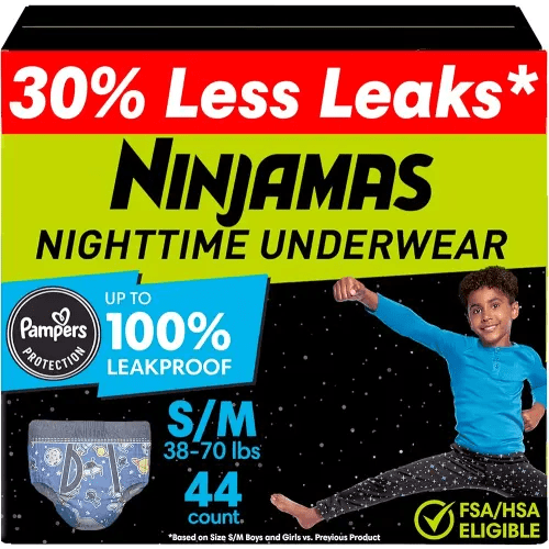 Ninjamas Boys Bedwetting Nighttime Underwear, Size S/M (38-70 lbs), 44 Count, Overnight Protection, Ultra Absorbent, Hypoallergenic