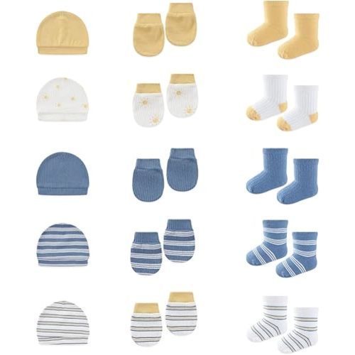 15 Pack Infant Hats Gloves Socks Unisex Baby Boy Girl Accessories Set Cotton New Born Caps Mittens