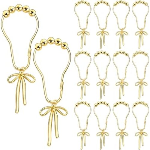 Maxdot 12 Pcs Gold Bow Knot Shower Curtain Hooks Rustproof Metal Decorative Bow Knot Shower Hangers Bulk Glide Curtain Rings for Bathroom Bedroom Living Room Decor