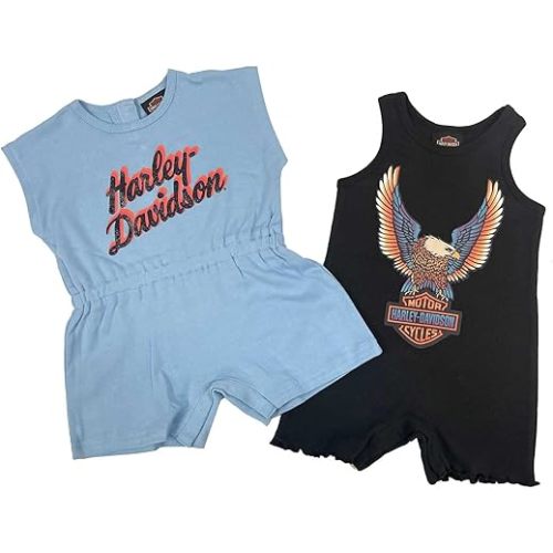 Harley-Davidson Baby Girls' 2-Pack Infant Glitter Romper Set, Blue/Black