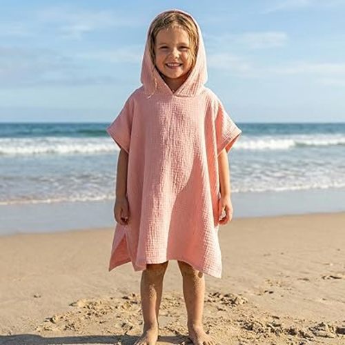 Frienda Muslin Hooded Beach Towel for Kids 22 x 26 Inch Soft Cotton Newborn Bath Towel Absorbent Baby Blankets Pink Fast Drying Toddler Registry Gift for Boys Girls Toddler Beach Pool Bath