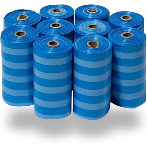 Best Pet Supplies Dog Poop Bags (150 Bags) for Waste Refuse Cleanup, Doggy Roll Replacements for Outdoor Puppy Walking and Travel, Leak Proof and Tear Resistant, Thick Plastic - Blue Strips