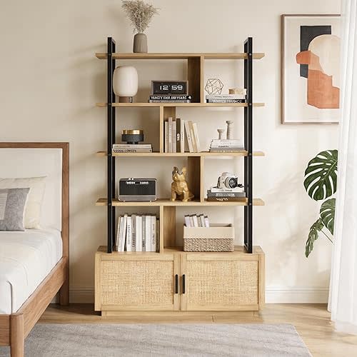 5 Tier Rattan Bookshelf with Storage Cabinet & Door, 71.1 Inch Tall Industrial Book Shelf with Open Display Shelves, 5 Shelf Bookcase with Metal Frame for Living Room, Bedroom (Wood)
