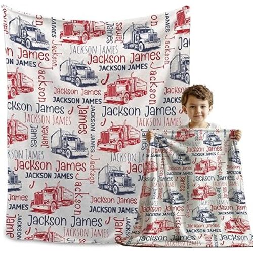 Custom Semi Truck Blanket Gifts for Boys, Construction Personalized Throw Blanket for Baby Trucker Truck Customized Nursery Receiving Blankets with Name for Swaddle Stroller Kids 40x30In