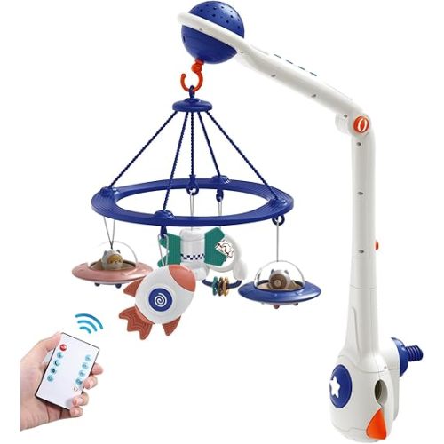 Musical Baby Mobile, Space Themed Nursery Mobile with Light Projection, Rocket and Spaceship Teether Toys, Hanging Toy Mobile for Crib