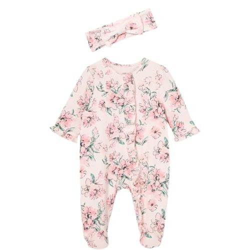 Little Me Clothes for Baby Girls 100% Cotton 2Pc Zipper Closure Footie and Headband Set, Baby Essentials, Preemie to 9 Months