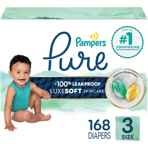 Pampers Pure Protection Baby Diapers, Size 3 (16-28 lbs), 168 Count, Up to 100% Leakproof, Premium Plant-Based Skin Protection, Hypoallergenic Soft Diapers