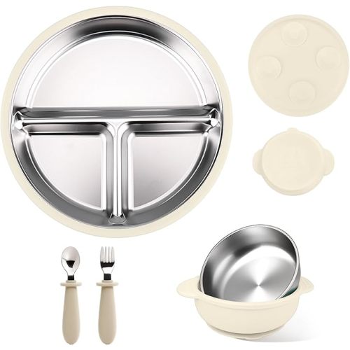 Mity rain Stainless Steel & Silicone Toddler Plates and Bowls Set with Suction,5-Piece Suction Plates & Bowls for Toddler,Removable Shell,Silicones Baby Plates for Independent Eating(Beige)