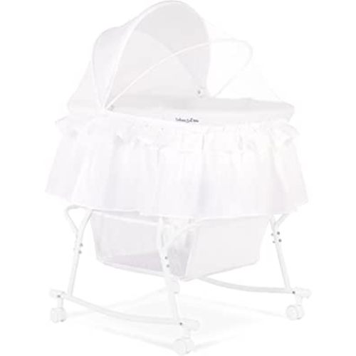 Dream On Me Lacy Portable 2 in 1 Bassinet & Cradle – Lightweight Baby Bed with Rocking Feature, Canopy & Storage Basket, Locking Wheels, Mattress Included, Baby Safety Alliance Certified, 0–25 lbs