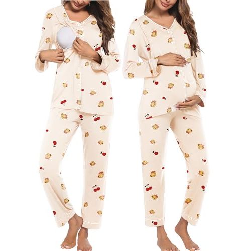 Ekouaer Maternity Pajama Set Button Down Nursing Pajamas Long Sleeve Breastfeeding Loungewear with Adjustable Pants
