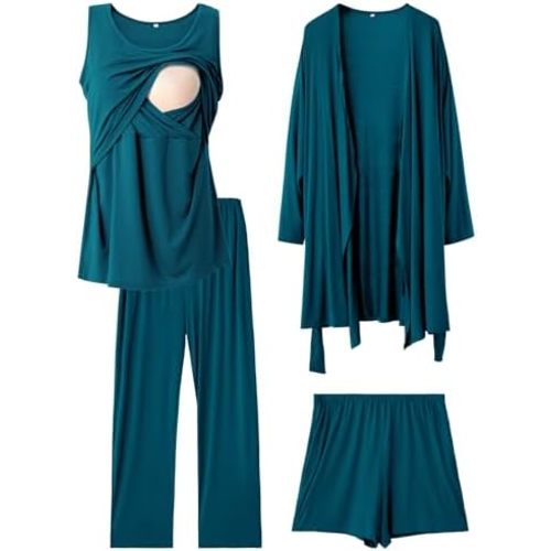 Rnxrbb 4 PCS Nursing Pajamas Robe Set Postpartum Pajama Gown Breastfeeding Pj for Hospital Labor Delivery