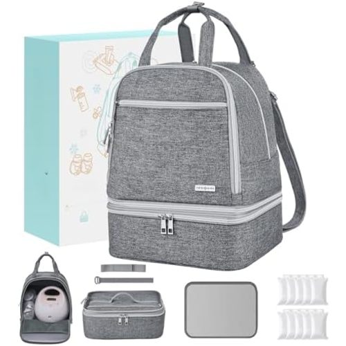 Breast Pump Bag with Insulated Cooler, Double-Layer Pumping Bag for Work & Travel, Fits Most Electric Breast Pumps, Includes 10 Ice Packs & Waterproof Mat, Detachable Bottle Cooler Tote, Grey