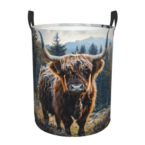 PHELIKA Beautiful Highland Cow 01 Laundry Hamper Waterproof Foldable Oxford Fabric Organizer Large Storage Bins For Dirty Clothes Round Baby Laundry Basket Toy Organizer Baskets