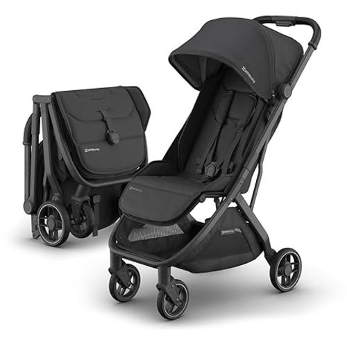 UPPAbaby Minu V3 Travel Stroller | Lightweight + Compact Design | One-Hand Fold + Unfold | from Birth + Overhead Compatible | Jake (Charcoal/Carbon Frame/Black Leather)