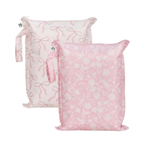 MISSMILE Mess Proof Wet Bags | 2-Pack Reusable Waterproof Wet Bags for Swimsuits | Baby Clothes | Travel & Diaper Bag (Bows,Toile), 2-Pack Reusable Waterproof Wet Bag for Swimsuit