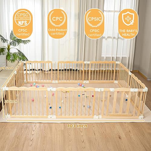 Playpen Large Foldable Play Pen for Toddlers 1-3,Easy Assemble Play Yard Wooden Baby Gates with Door,Expandable Play pens for Kids Safety Baby Playpen with Lock 69x103x24Inch(Foldable Connector)