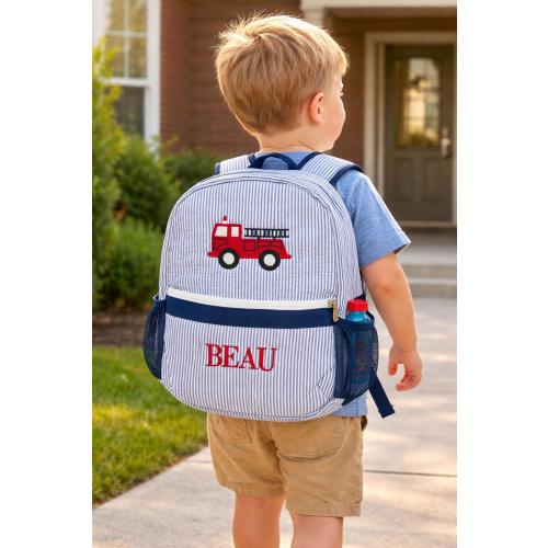 Seersucker Backpack, Duffle Bag, Sports Bag, Personalized, Embroidery, Kids Sleepover Bag, Seersucker Kids Travel, Matching Set, Fire Truck