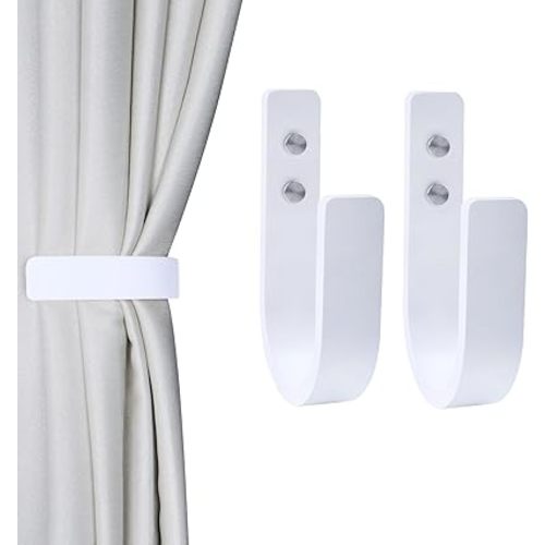 2 Pack Curtain Tiebacks Wood Curtain Holdbacks U Shaped Curtain Hooks Curtain Tie Backs Wall Mount Curtain Holder Curtain Pull Backs Tie Backs for Curtains (White, 2)