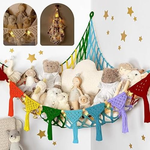 Macrame DreamLights Boho Animal Storage Net - Extra Large and Small Stuffed Animal Net or Hammock (Rainbow)