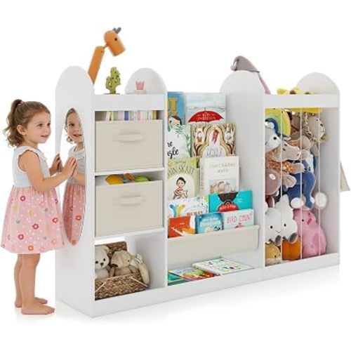 4-Tier Kids Toy Storage Organizer Cabinet w/Mirror, Stuffed Animal Storage