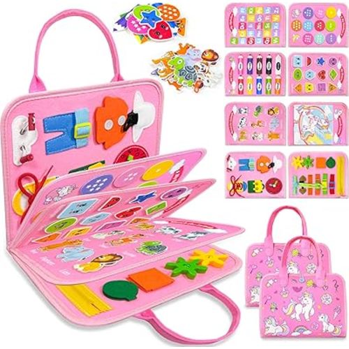 Busy Board Montessori Toys for Toddler Girl Birthday Gifts, Busy Book Sensory Learning Toys for Toddlers, Educational Activities Airplane Car Travel Toy for Girls