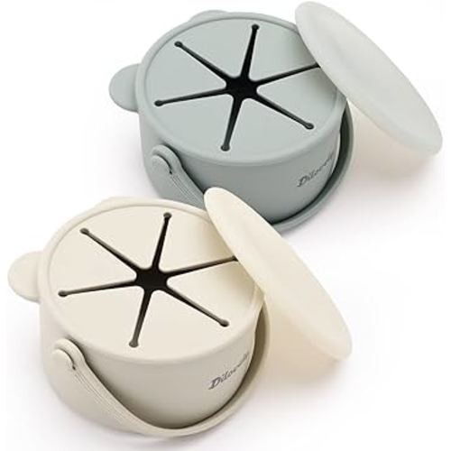 Dilovely Snack Cups for Toddlers, Silicone Snacks Containers, Baby Food Catcher Spill Proof, Kid Snacks Holder with DustProof Lid, 2 Pack Dishwasher Safe and BPA Free 9 Oz