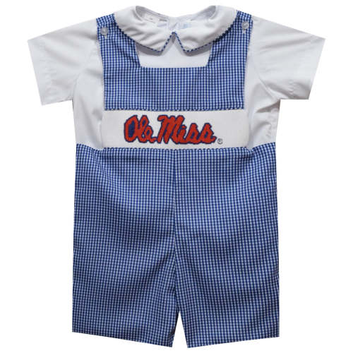 Ole Miss Rebels Smocked Navy Gingham Jon Jon And Short Sleeve White Shirt