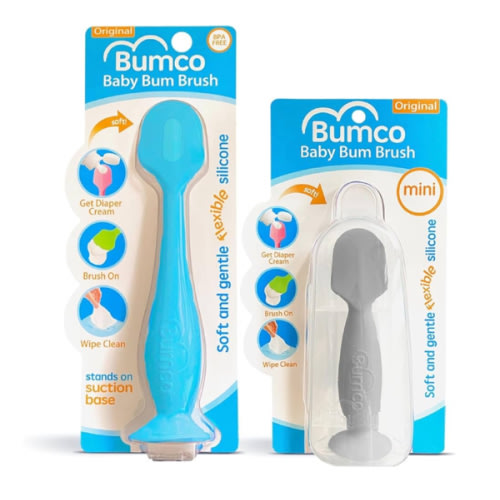 Bumco Baby Bum Brush + Mini Baby Diaper Cream Spatula with Case - BPA-Free Silicone Diaper Spatula with Suction Cup, Wipe-Clean, Mom-Invented Butt Paste Applicator (Blue & Gray)