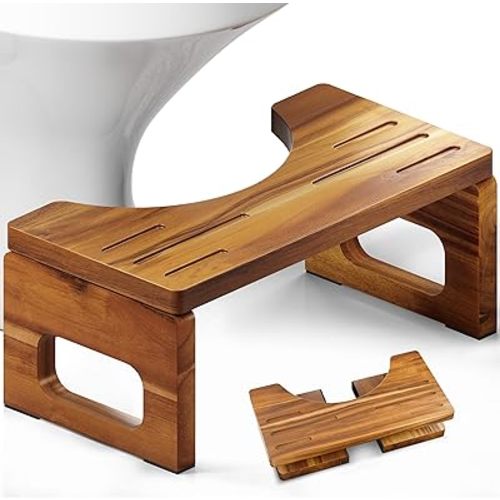BLUEWEST Foldable Toilet Stool, Acacia Wood Poop Stool for Potty Training, 7 Inch Non-Slip Bathroom Step with Collapsible Design for Adults