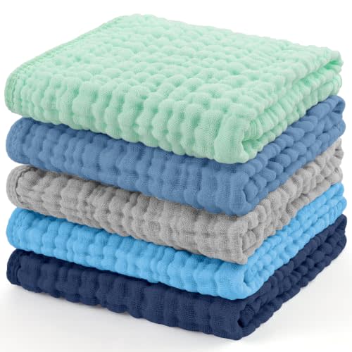 Yoofoss Muslin Burp Cloths for Baby 5 Pack 100% Organic Cotton Baby Washcloths for Boys Girls Large 20''X10'' Super Soft and Absorbent Apricot,Ocean Breeze