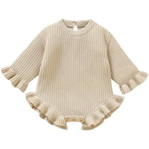 Opewod Baby Girl Knit Sweater Romper Newborn Ruffle Long Sleeve Sweater Crew Neck Pullove Warm Fall Winter Clothes Outfit