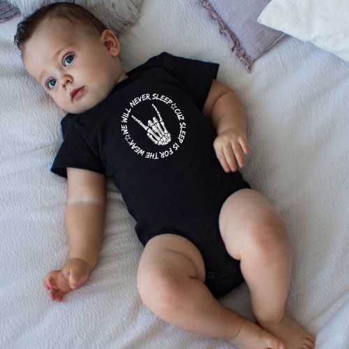 We Will Never Sleep Baby Onesie | BMTH Inspired Baby Clothes, Metalcore Baby Onesie, Rock Baby Outfit, Infant Band Merch, Baby Shower Gift