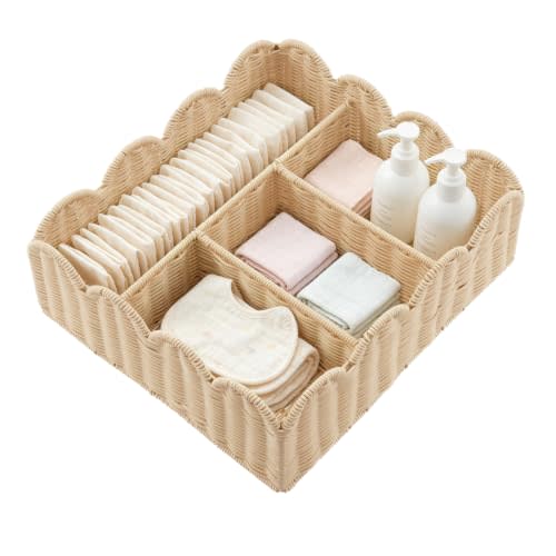 Diaper Caddy Organizer, Scalloped Changing Table Organizer with 4 Dividers | PP Woven Material, Water Resistant, Lightweight, Weave Breathable, 4 Compartments, Storage Basket, Shower Gift, Easy Clean