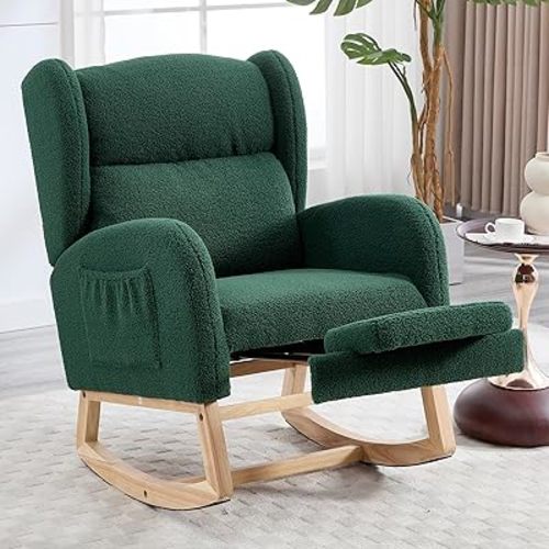 NIOIIKIT Oversized Nursery Rocking Chair with Footrest, Teddy Upholstered Glider Chair, Nursery Gliding Recliner with Side Pocket, Glider Rocker for Living Room (Dark Green Teddy)
