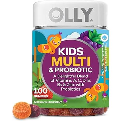 OLLY Kids Multivitamin & Probiotic Gummy, Digestive Support, Vitamins A, D, C, E, B, Zinc, Chewable Supplement, Berry Flavor, 50 day supply - 100 Count