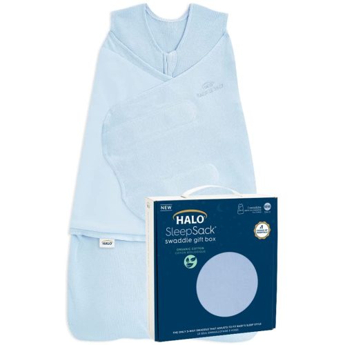 HALO Sleepsack Swaddle 100% Organic Cotton Newborn 1-Piece Gift Set with Box, TOG 1.5, 0-3 Months, Chambray