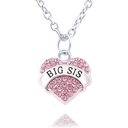 lauhonmin Family Jewelry Silver Alloy Pink Crystal Love Heart Big Sister Charm Pendant Necklace Women Gift