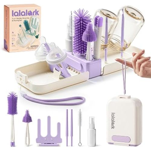 7-in-1 Baby Bottle Brush Set, BPA Free Silicone Baby Bottle Cleaning Kit with No Scratch Dual-Headed Brush, Nipple Brushes,Soap Dispenser & Drying Rack,Travel Cleaner with Storage Case,Purple