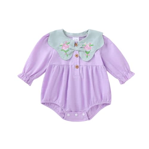 Newborn Baby Girl Romper, Christmas Outfit with Embroidery & Bow | Peter Pan Collar Long Sleeve Bodysuit, Christmas Romper, Bottom Snap Closure, Photoshoot, Shower