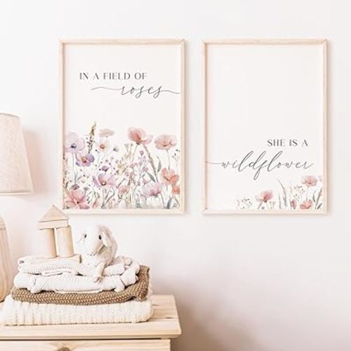 Set of 2 Wildflower Prints In a Field of Roses She is a Wildflower Wall Art Botanical Canvas Painting Wall Pictures for Living Room Vintage Flower Nursery Decor Unframed