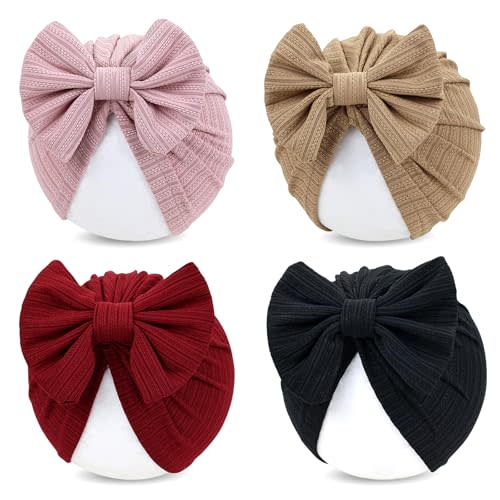 Cinaci 4 Pieces Baby Girls Turban Hats with Bow Newborn Hospital Caps Bonnets Beanies Headwraps for Infants Toddlers